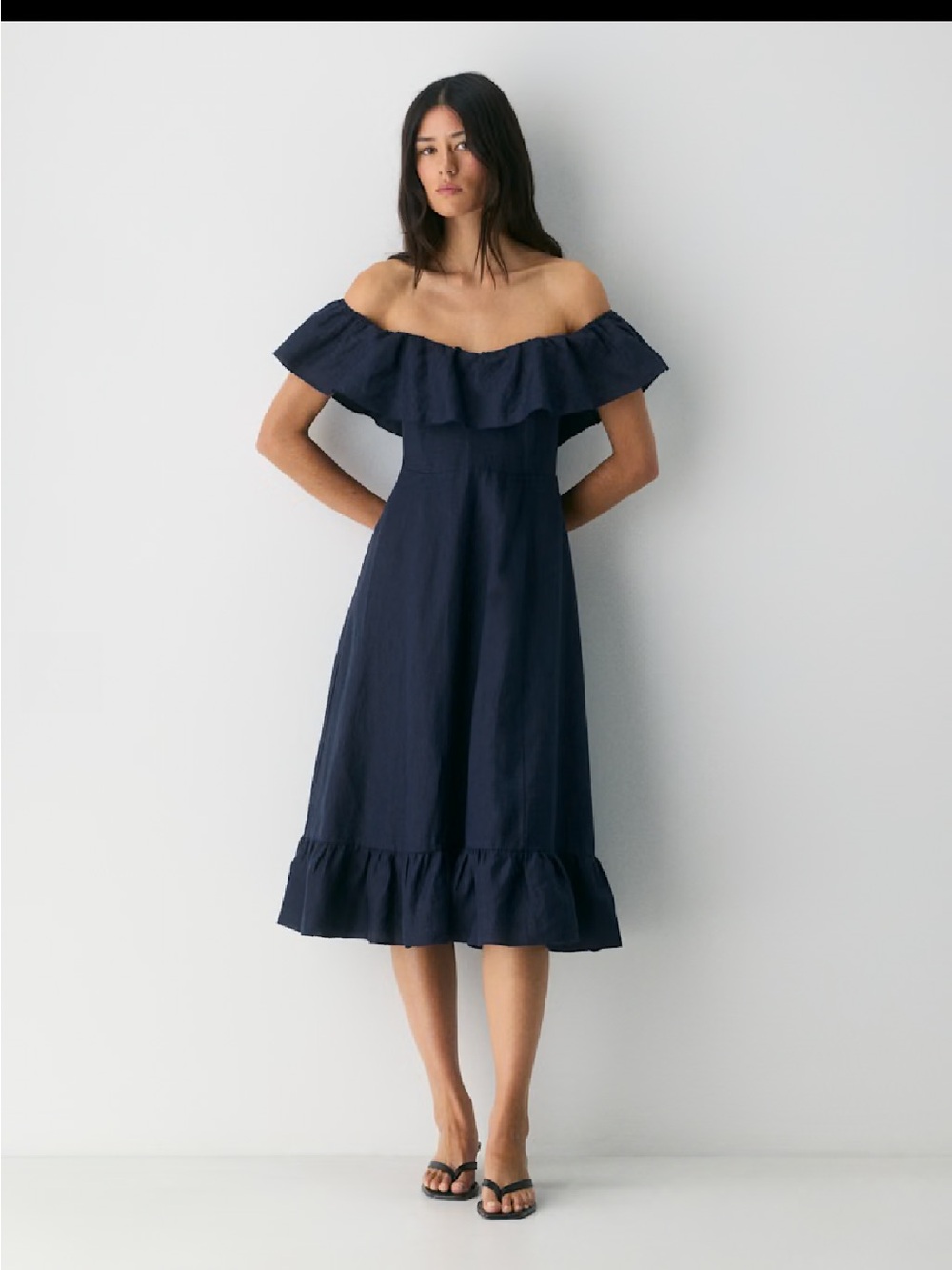 Wilfred Marmion Linen Off-Shoulder black Ruffle Midi Dress Sz 10 NWT